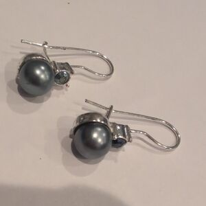 Avon Sp Gray Pearl Drop Earrings with Blue Crystal